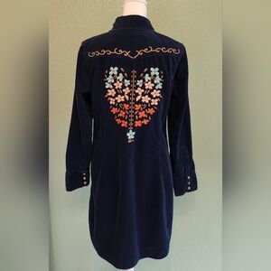 Ivy Jane Navy Blue Corduroy Shirt Dress/Long Jacket with Floral Embroidery SizeM